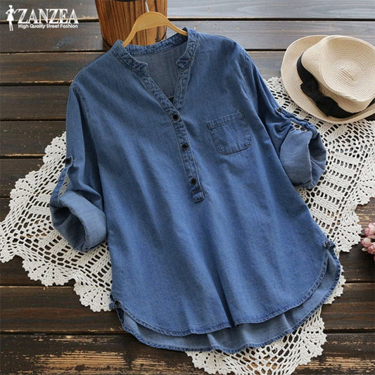 ZANZEA Fashion Women's Blouse 2019 Autumn Denim Blue Shirts Female V Neck Long Sleeve Shirt Button Down Summer Blusas Work Tops