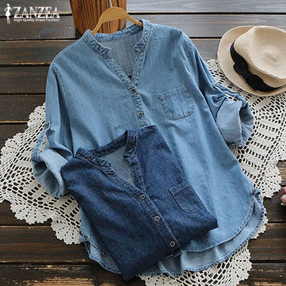 ZANZEA Fashion Women's Blouse 2019 Autumn Denim Blue Shirts Female V Neck Long Sleeve Shirt Button Down Summer Blusas Work Tops