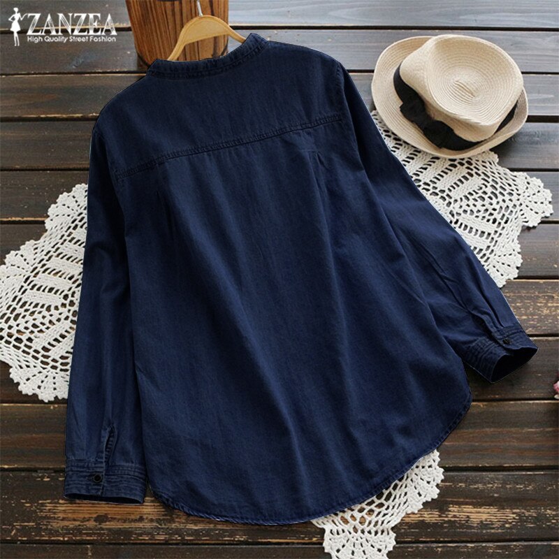 ZANZEA Fashion Women's Blouse 2019 Autumn Denim Blue Shirts Female V Neck Long Sleeve Shirt Button Down Summer Blusas Work Tops