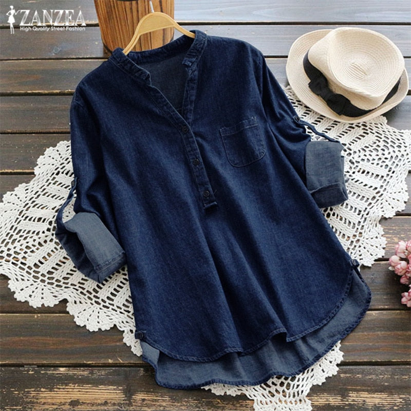 ZANZEA Fashion Women's Blouse 2019 Autumn Denim Blue Shirts Female V Neck Long Sleeve Shirt Button Down Summer Blusas Work Tops