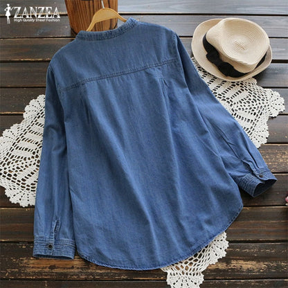 ZANZEA Fashion Women's Blouse 2019 Autumn Denim Blue Shirts Female V Neck Long Sleeve Shirt Button Down Summer Blusas Work Tops