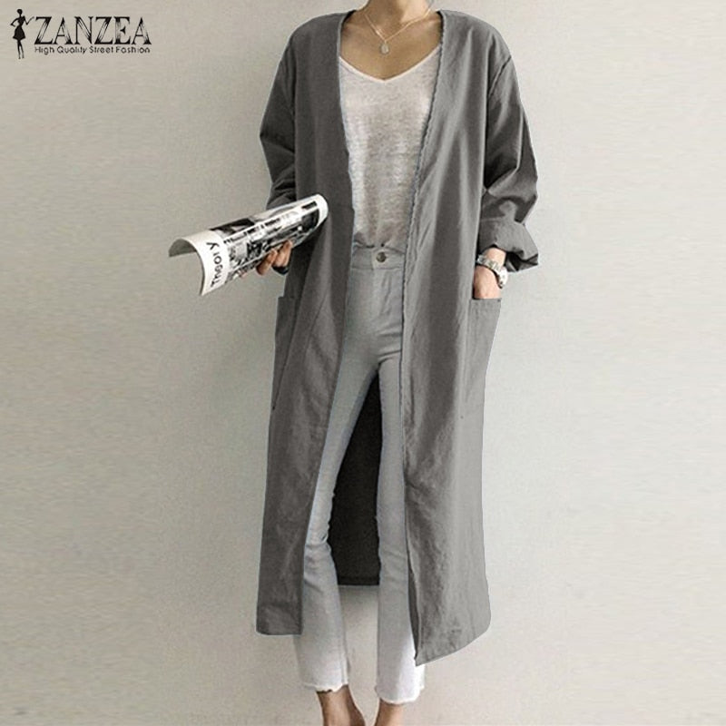 ZANZEA Plus Size Summer Long Tops Women Cardigan Long Sleeve Blouse Female Open Stitch Shirt Blusas Beach Cover Up Outwear Coats