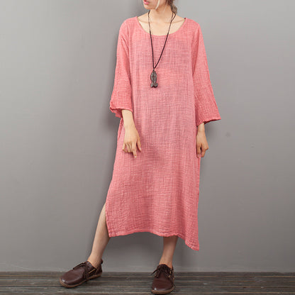 ZANZEA Summer Women O Neck 3/4 Sleeve Linen Solid Beach Mid Calf Dress Casual Loose Split Hem Party Kaftan Vestido Plus Size