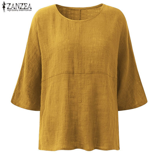 ZANZEA Womens Fashion Crew Neck 3/4 Sleeve Cotton Linen Baggy Blouse 2018 Autumn Casual Loose Blusas Solid Shirts Work Tops