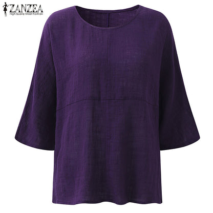 ZANZEA Womens Fashion Crew Neck 3/4 Sleeve Cotton Linen Baggy Blouse 2018 Autumn Casual Loose Blusas Solid Shirts Work Tops