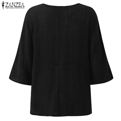 ZANZEA Womens Fashion Crew Neck 3/4 Sleeve Cotton Linen Baggy Blouse 2018 Autumn Casual Loose Blusas Solid Shirts Work Tops