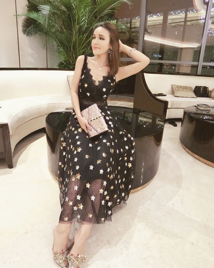 ZAWFL 2018 High Quality New Runway Slim V-neck Spaghetti Strap Star Sequined Lace Dress Thai Resort Beach Dress Tide Brand