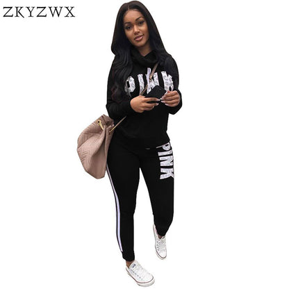 ZKYZWX Pink print 2 piece set women pant and top 2018 autumn plus size casual outfit sweat suits two piece sweatshirt tracksuit