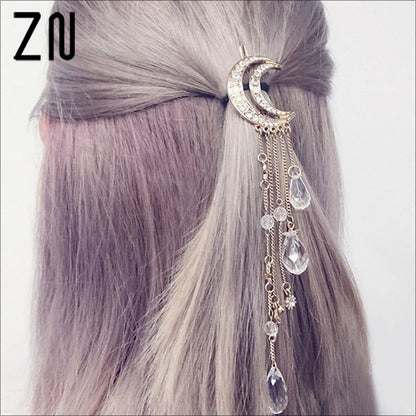 ZN Charming Crystal Moon Hair Clip Tassels Long Hair Accessories Femme Bijoux Gold/Silver/Rose Gold/Bronze Color