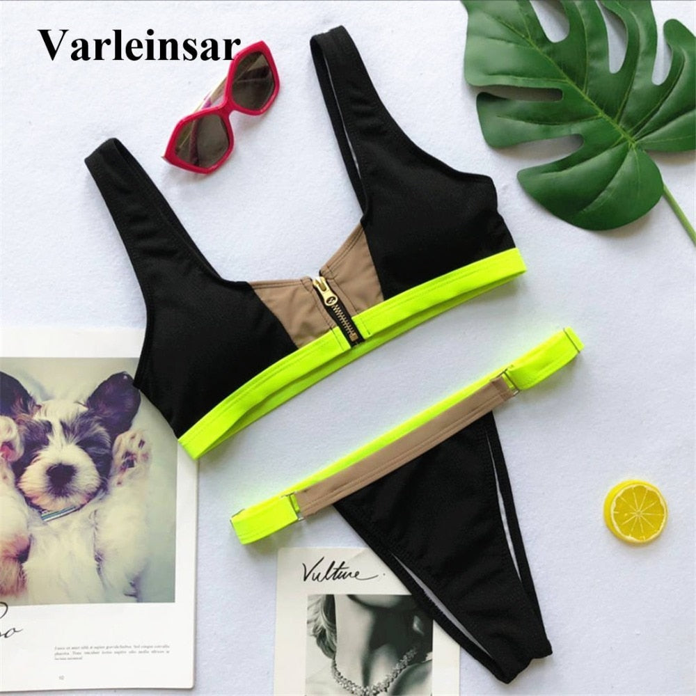 Zipper Patchwork Bikini 2019 Female Swimsuit Women Swimwear Two-pieces Bikini set Brazilian Bather Bathing Suit Swim Lady V892