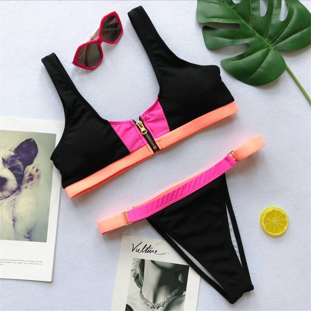 Zipper Patchwork Bikini 2019 Female Swimsuit Women Swimwear Two-pieces Bikini set Brazilian Bather Bathing Suit Swim Lady V892