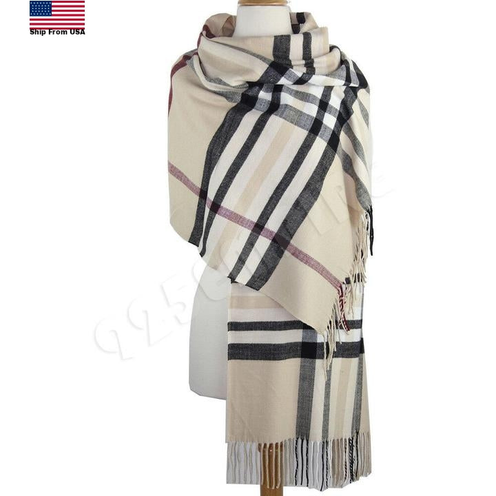 Oversized Plaid Check Blanket 100% Cashmere Scarf