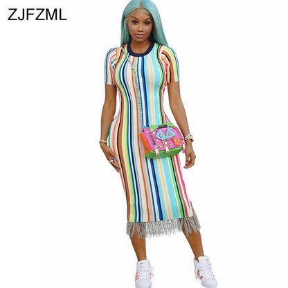 ZJFZML O Neck Short Sleeve Summer Dresses Women Rainbow Vertical Striped Tassel Bandage Dress Streetwear Party Club Tight Dress