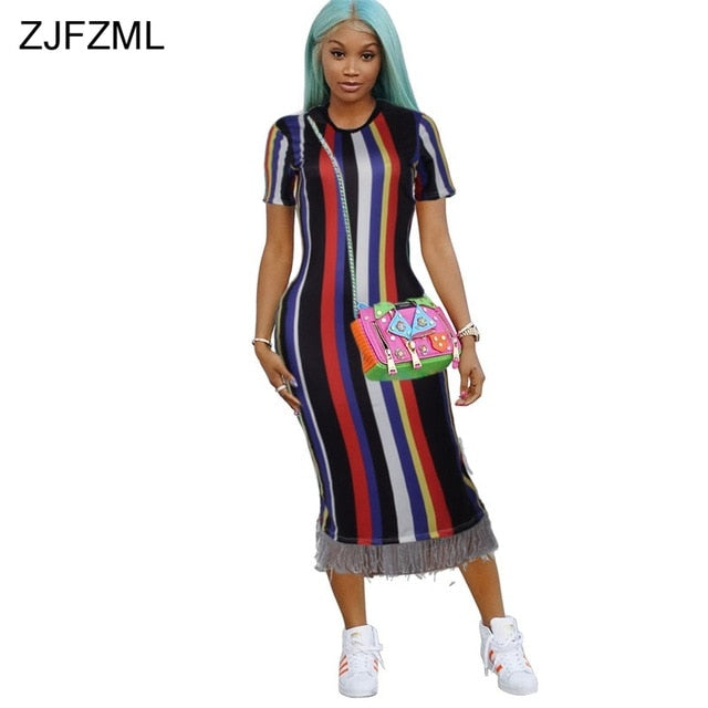 ZJFZML O Neck Short Sleeve Summer Dresses Women Rainbow Vertical Striped Tassel Bandage Dress Streetwear Party Club Tight Dress