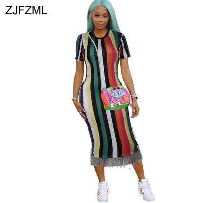 ZJFZML O Neck Short Sleeve Summer Dresses Women Rainbow Vertical Striped Tassel Bandage Dress Streetwear Party Club Tight Dress