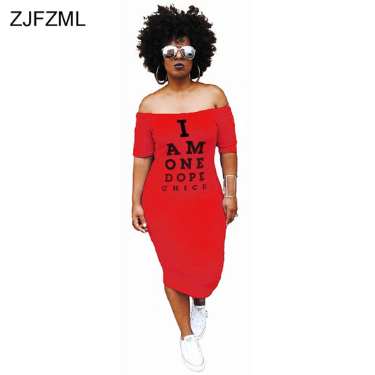 ZJFZML Plus Size Casual Bodycon Dress Women Cold Shoulder Letter Printed Package Hip Dress Autumn Slash Neck Short Sleeve Dress