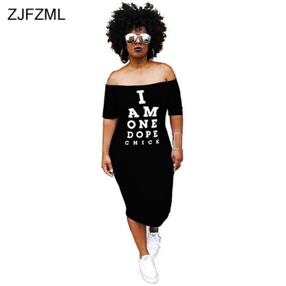 ZJFZML Plus Size Casual Bodycon Dress Women Cold Shoulder Letter Printed Package Hip Dress Autumn Slash Neck Short Sleeve Dress