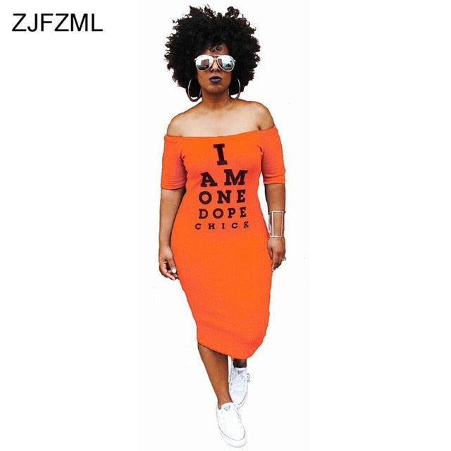 ZJFZML Plus Size Casual Bodycon Dress Women Cold Shoulder Letter Printed Package Hip Dress Autumn Slash Neck Short Sleeve Dress