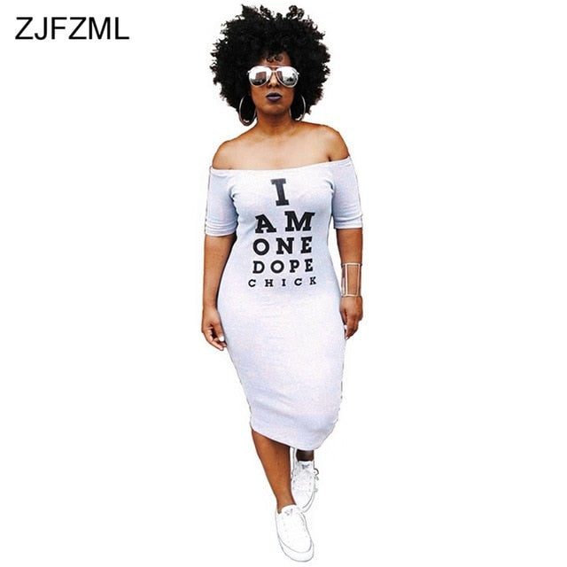 ZJFZML Plus Size Casual Bodycon Dress Women Cold Shoulder Letter Printed Package Hip Dress Autumn Slash Neck Short Sleeve Dress