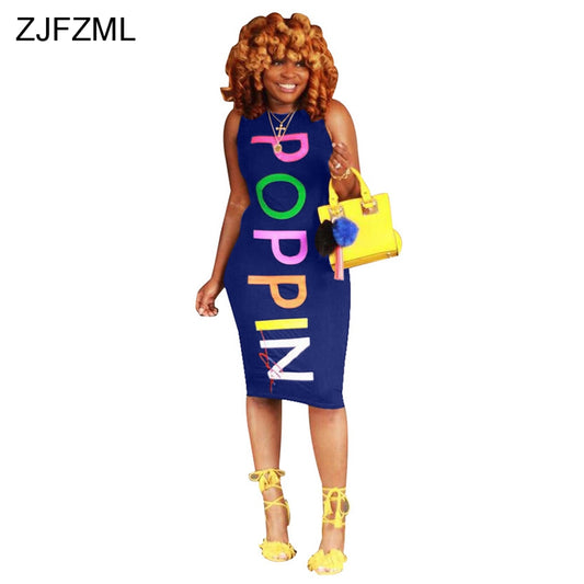 ZJFZML Streetwear Tank Pencil Dresses Casual Women O Neck Sleeveless Bandage Sundress Summer Colorful Letter Print Midi Vestidos