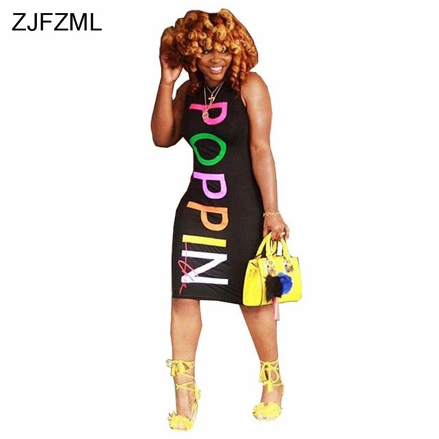 ZJFZML Streetwear Tank Pencil Dresses Casual Women O Neck Sleeveless Bandage Sundress Summer Colorful Letter Print Midi Vestidos