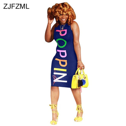 ZJFZML Streetwear Tank Pencil Dresses Casual Women O Neck Sleeveless Bandage Sundress Summer Colorful Letter Print Midi Vestidos