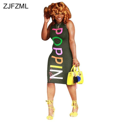 ZJFZML Streetwear Tank Pencil Dresses Casual Women O Neck Sleeveless Bandage Sundress Summer Colorful Letter Print Midi Vestidos