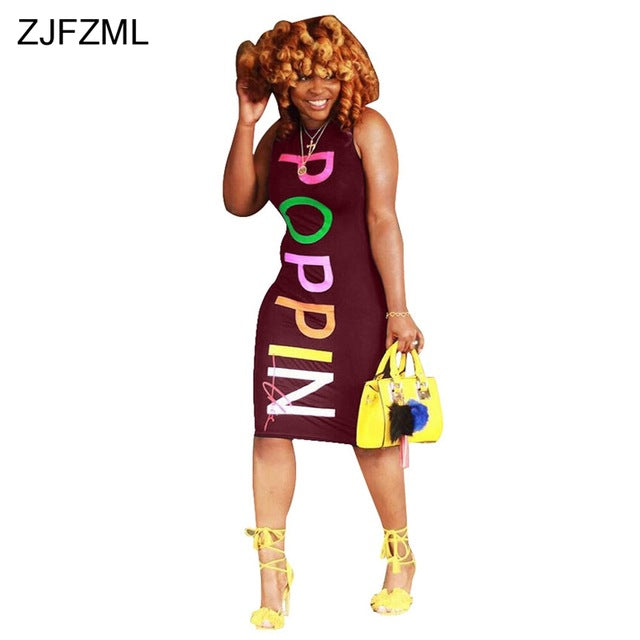 ZJFZML Streetwear Tank Pencil Dresses Casual Women O Neck Sleeveless Bandage Sundress Summer Colorful Letter Print Midi Vestidos