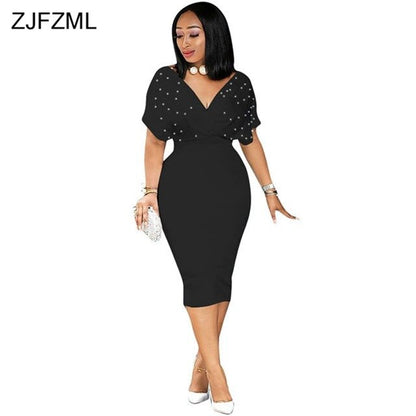 ZJFZML Short Batwing Sleeve Plus Size Dress Women Deep V Neck Beading Embellished Club Party Dress Elegant High Waist Midi Dress