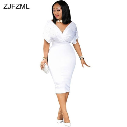 ZJFZML Short Batwing Sleeve Plus Size Dress Women Deep V Neck Beading Embellished Club Party Dress Elegant High Waist Midi Dress