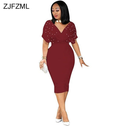 ZJFZML Short Batwing Sleeve Plus Size Dress Women Deep V Neck Beading Embellished Club Party Dress Elegant High Waist Midi Dress