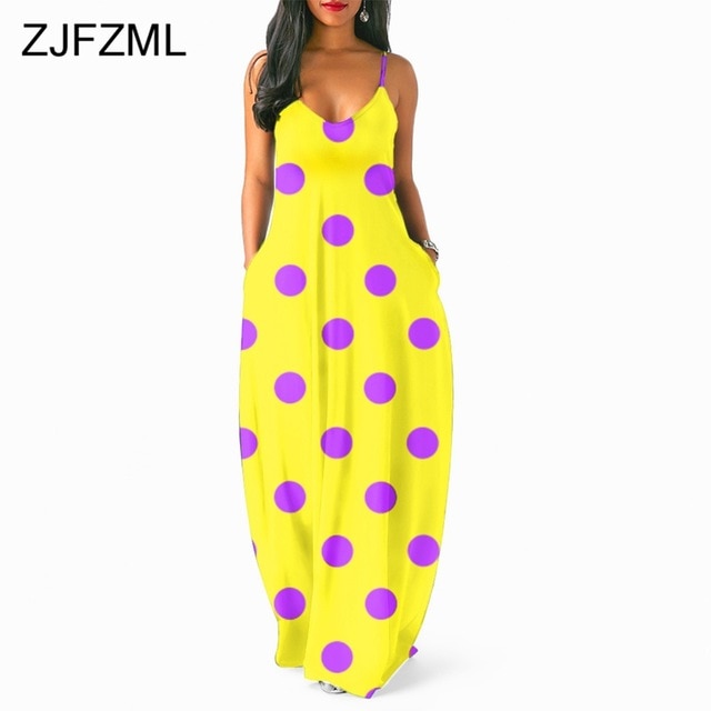 ZJFZML Polka Dot Print Summer Dress Women V Neck Spaghetti Strap Long Maxi Sundress Casual  Backless Bohemian Beach Loose Dress