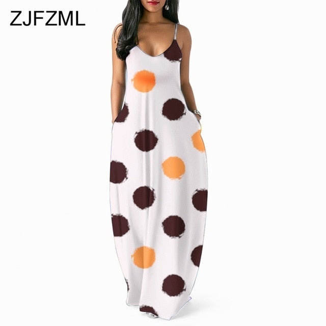 ZJFZML Polka Dot Print Summer Dress Women V Neck Spaghetti Strap Long Maxi Sundress Casual  Backless Bohemian Beach Loose Dress