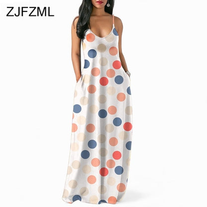 ZJFZML Polka Dot Print Summer Dress Women V Neck Spaghetti Strap Long Maxi Sundress Casual  Backless Bohemian Beach Loose Dress