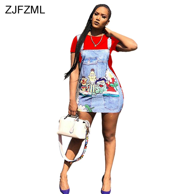 ZJFZML Cartoon Print Casual T Shirt Dress Woman Summer 2019 Round Neck Short Sleeve Short Dress Streetwear Ladies Bandage Dress