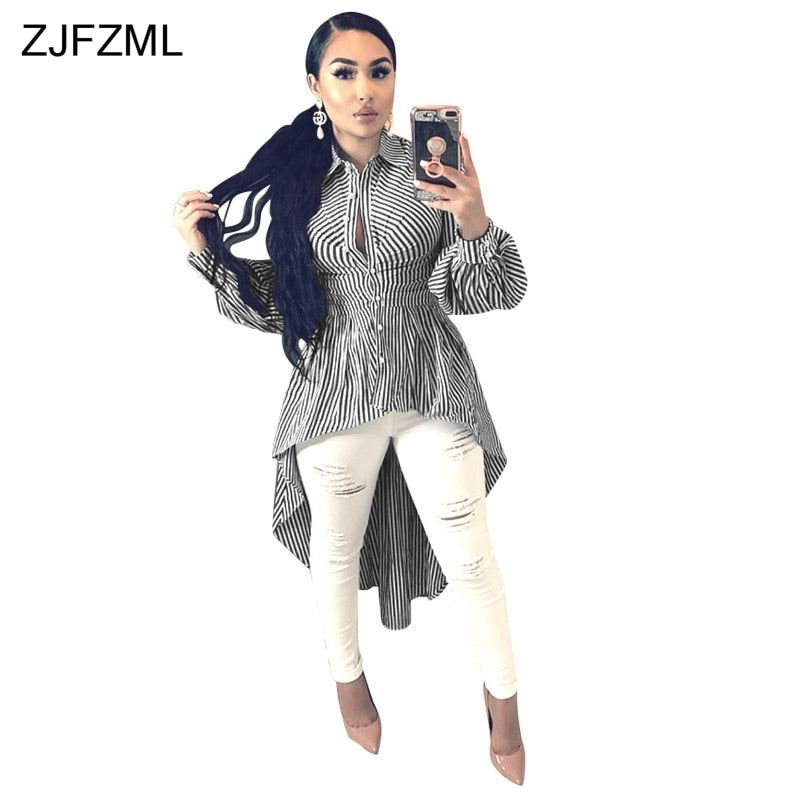 ZJFZML Turn-Down Collar T Shirt Dress Women Blue White Stripe Long Sleeve Party Dress Casual Buttons Front Short Back Long Dress