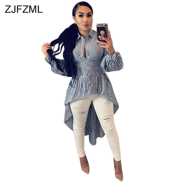 ZJFZML Turn-Down Collar T Shirt Dress Women Blue White Stripe Long Sleeve Party Dress Casual Buttons Front Short Back Long Dress