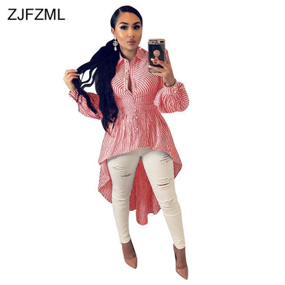 ZJFZML Turn-Down Collar T Shirt Dress Women Blue White Stripe Long Sleeve Party Dress Casual Buttons Front Short Back Long Dress