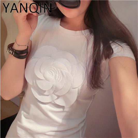 women summer 3d camellia embroidery luxury  T-shirt ladies fashion tops slim casual tee shirts vetement femal