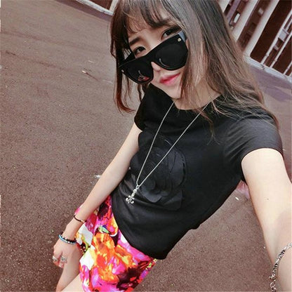 women summer 3d camellia embroidery luxury  T-shirt ladies fashion tops slim casual tee shirts vetement femal