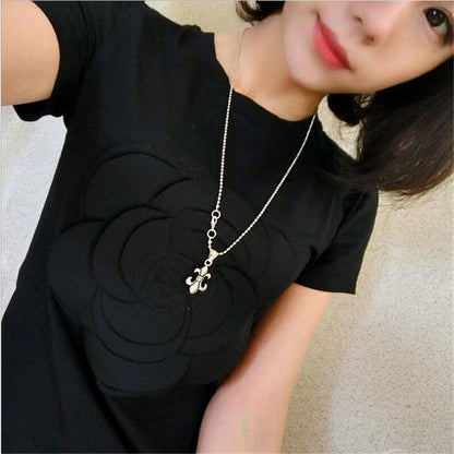 women summer 3d camellia embroidery luxury  T-shirt ladies fashion tops slim casual tee shirts vetement femal