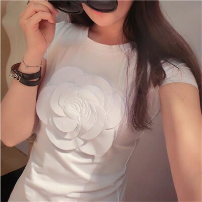 women summer 3d camellia embroidery luxury  T-shirt ladies fashion tops slim casual tee shirts vetement femal