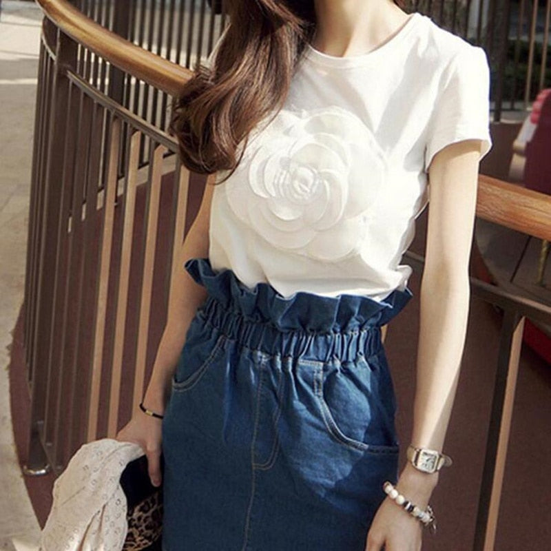 women summer 3d camellia embroidery luxury  T-shirt ladies fashion tops slim casual tee shirts vetement femal